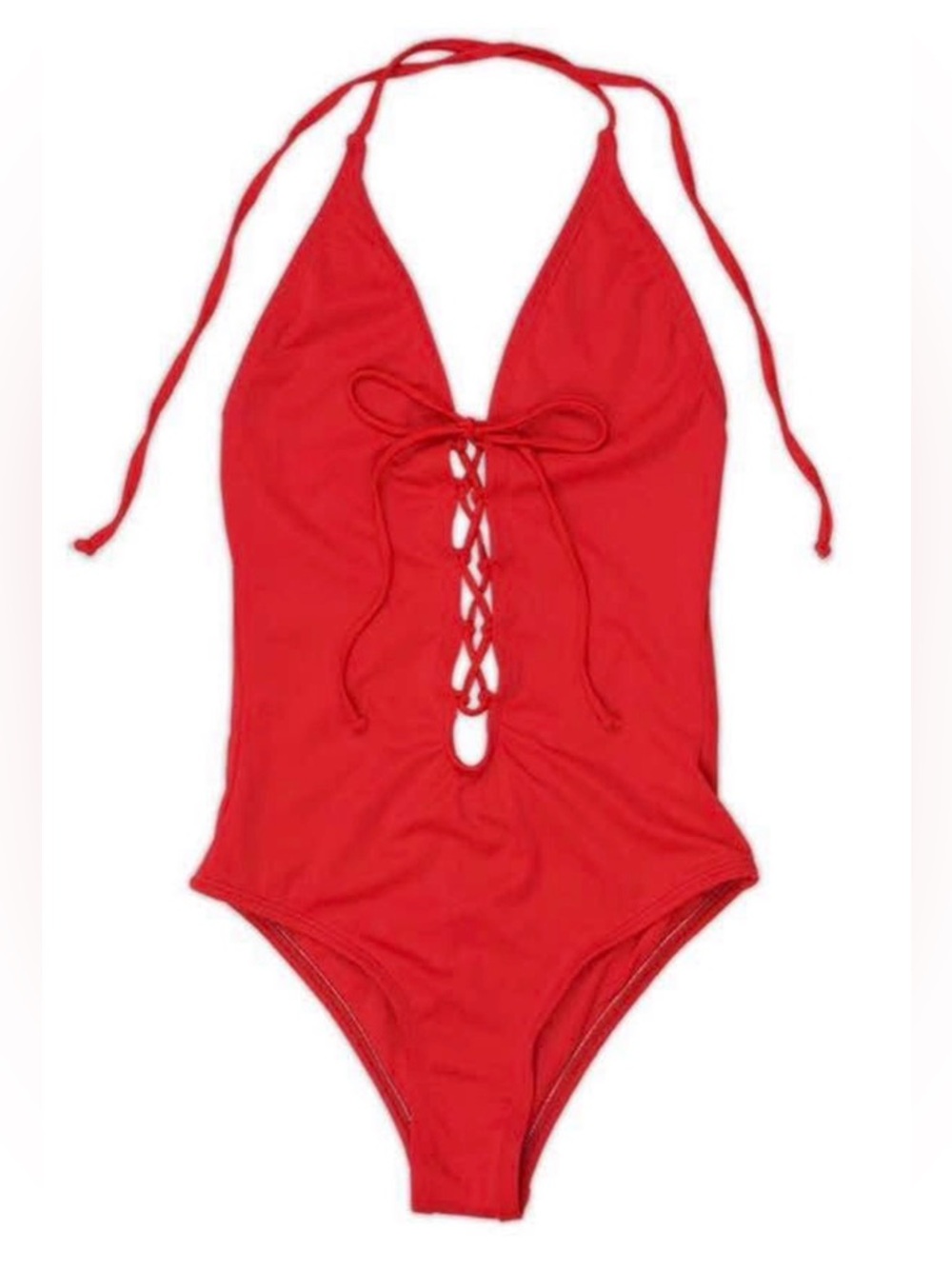 Red Lace-Up Halter One-Piece Swimsuit